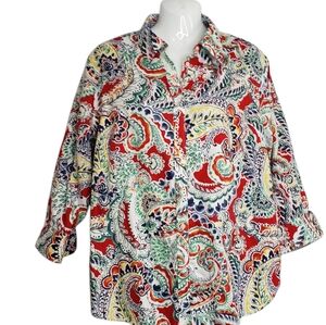 Chaps Plus Size Colourful Paisley Button Up Shirt Flip Cuff Women's Size 1X